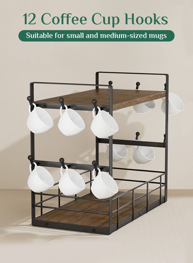 أوبتيا رف منظم أكواب القهوة المعدنية ذات الطبقتين - رف تخزين حديدي مزدوج الطبقات - رف تنظيم الحمام الواسع - رف توابل المطبخ - رف تخزين منضدة منزلية متعدد الاستخدامات مع 12 خطافًا، بني-أسود عتيق - Image 5