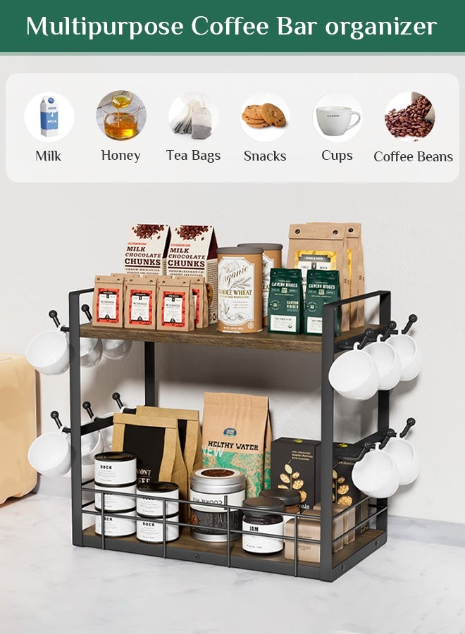 أوبتيا رف منظم أكواب القهوة المعدنية ذات الطبقتين - رف تخزين حديدي مزدوج الطبقات - رف تنظيم الحمام الواسع - رف توابل المطبخ - رف تخزين منضدة منزلية متعدد الاستخدامات مع 12 خطافًا، بني-أسود عتيق - Image 3