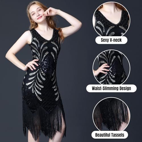 ELECLAND 1920s V Neck Sequin Beaded Fringed Dress with 20s Accessories Set (Black, Medium) - Image 4