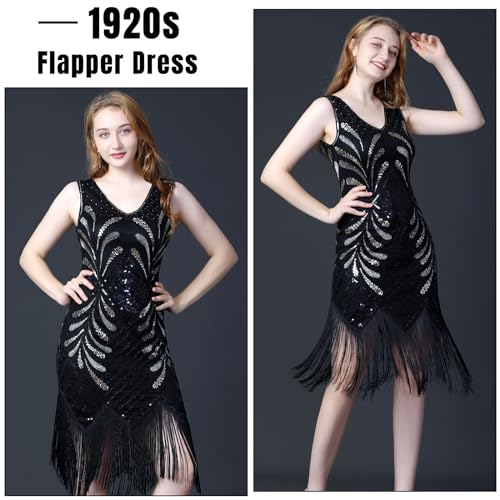ELECLAND 1920s V Neck Sequin Beaded Fringed Dress with 20s Accessories Set (Black, Medium) - Image 2