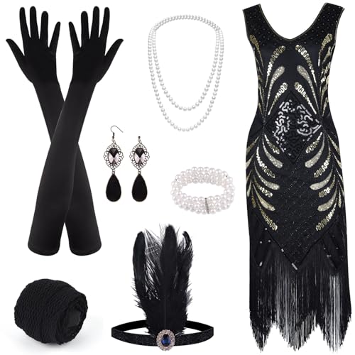 ELECLAND 1920s V Neck Sequin Beaded Fringed Dress with 20s Accessories Set (Black, Medium) - Image 1