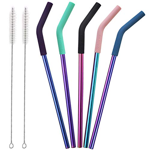 Senneny Senneny Set of 5 Stainless Steel Straws with Silicone Flex Tips Elbows Cover 2 Cleaning Brushes and 1 Portable Bag Included Colorful 8mm diameter
