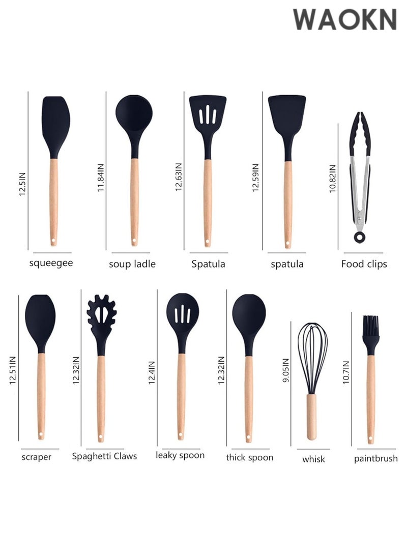 دبليو أيه أو كي أن مجموعة أدوات المطبخ وكتلة السكاكين من 19 قطعة: 12 أداة طهي سيليكون غير لاصقة ومقاومة للحرارة (ملعقة مسطحة، ملقط، مغرفة، ملعقة، مضرب، خفاقة، مقص) + 5 سكاكين من الفولاذ المقاوم للصدأ (سكاكين الشيف، تقشير، خبز، متعدد الاستخدامات، سانتوكو) + لوح تقطيع وحامل - آمنة للاستخدام في غسالة الأطباق، خالية من مادة BPA، بتصميم أسود مريح - Image 2