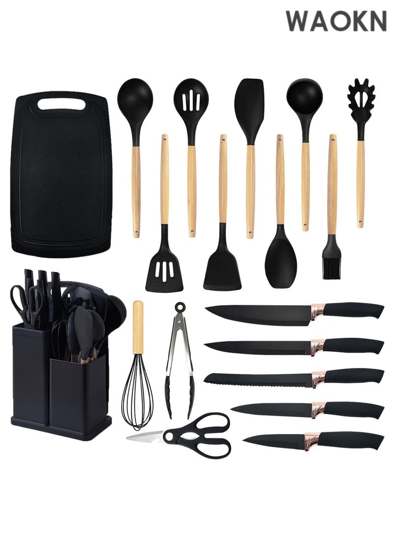 دبليو أيه أو كي أن مجموعة أدوات المطبخ وكتلة السكاكين من 19 قطعة: 12 أداة طهي سيليكون غير لاصقة ومقاومة للحرارة (ملعقة مسطحة، ملقط، مغرفة، ملعقة، مضرب، خفاقة، مقص) + 5 سكاكين من الفولاذ المقاوم للصدأ (سكاكين الشيف، تقشير، خبز، متعدد الاستخدامات، سانتوكو) + لوح تقطيع وحامل - آمنة للاستخدام في غسالة الأطباق، خالية من مادة BPA، بتصميم أسود مريح - Image 5