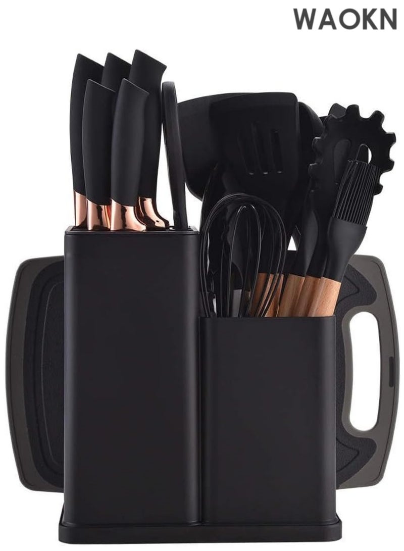 دبليو أيه أو كي أن مجموعة أدوات المطبخ وكتلة السكاكين من 19 قطعة: 12 أداة طهي سيليكون غير لاصقة ومقاومة للحرارة (ملعقة مسطحة، ملقط، مغرفة، ملعقة، مضرب، خفاقة، مقص) + 5 سكاكين من الفولاذ المقاوم للصدأ (سكاكين الشيف، تقشير، خبز، متعدد الاستخدامات، سانتوكو) + لوح تقطيع وحامل - آمنة للاستخدام في غسالة الأطباق، خالية من مادة BPA، بتصميم أسود مريح - Image 1