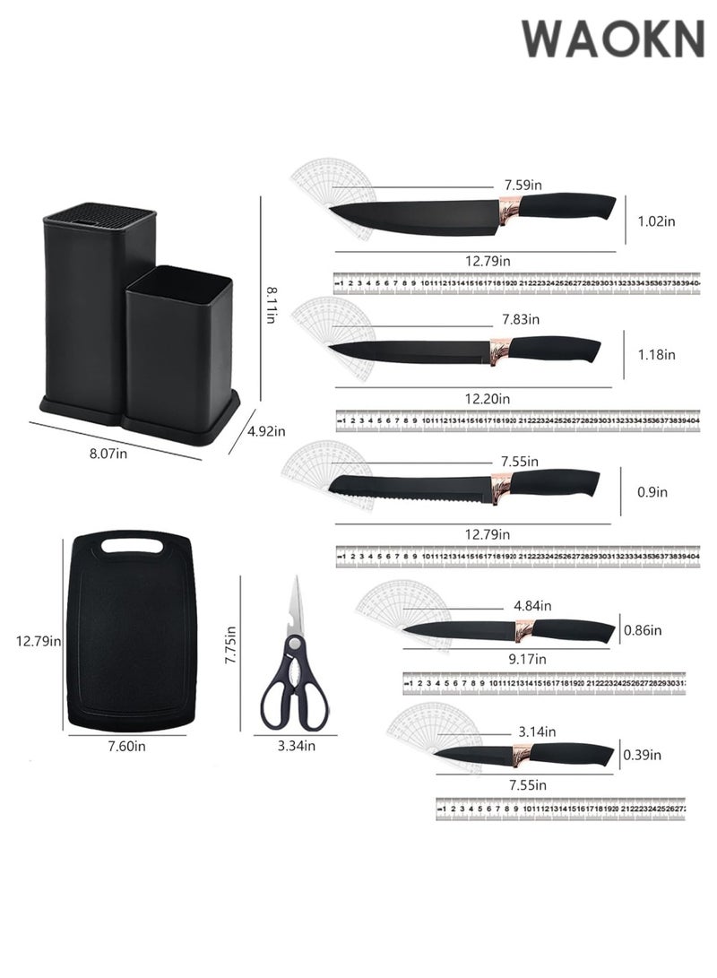 دبليو أيه أو كي أن مجموعة أدوات المطبخ وكتلة السكاكين من 19 قطعة: 12 أداة طهي سيليكون غير لاصقة ومقاومة للحرارة (ملعقة مسطحة، ملقط، مغرفة، ملعقة، مضرب، خفاقة، مقص) + 5 سكاكين من الفولاذ المقاوم للصدأ (سكاكين الشيف، تقشير، خبز، متعدد الاستخدامات، سانتوكو) + لوح تقطيع وحامل - آمنة للاستخدام في غسالة الأطباق، خالية من مادة BPA، بتصميم أسود مريح - Image 3