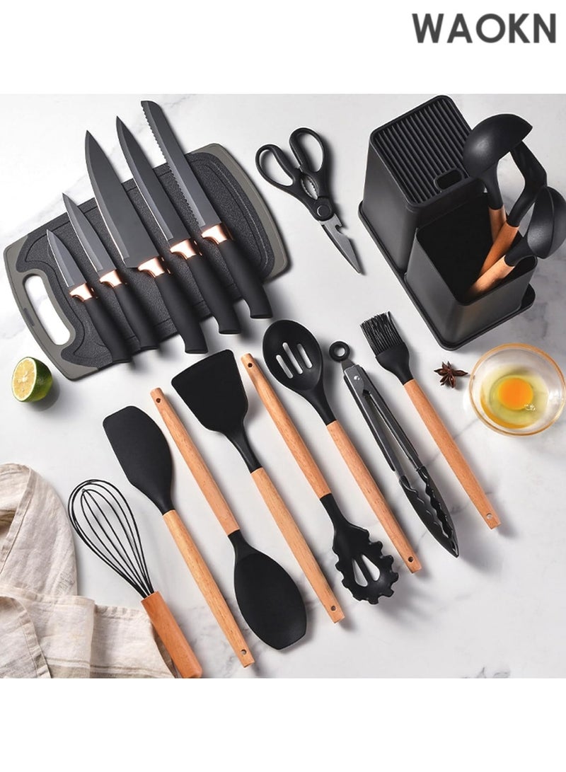 دبليو أيه أو كي أن مجموعة أدوات المطبخ وكتلة السكاكين من 19 قطعة: 12 أداة طهي سيليكون غير لاصقة ومقاومة للحرارة (ملعقة مسطحة، ملقط، مغرفة، ملعقة، مضرب، خفاقة، مقص) + 5 سكاكين من الفولاذ المقاوم للصدأ (سكاكين الشيف، تقشير، خبز، متعدد الاستخدامات، سانتوكو) + لوح تقطيع وحامل - آمنة للاستخدام في غسالة الأطباق، خالية من مادة BPA، بتصميم أسود مريح - Image 4