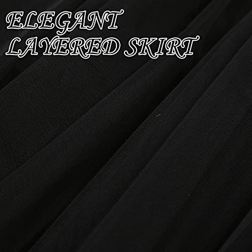 XinChangShangMao Women's Tulle Skirt Formal High Low Asymmetrical A-Line Fairy Elastic Waist Layered Long Midi Skirts Black - Image 4