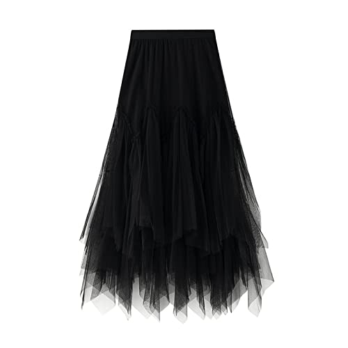 XinChangShangMao Women's Tulle Skirt Formal High Low Asymmetrical A-Line Fairy Elastic Waist Layered Long Midi Skirts Black - Image 1