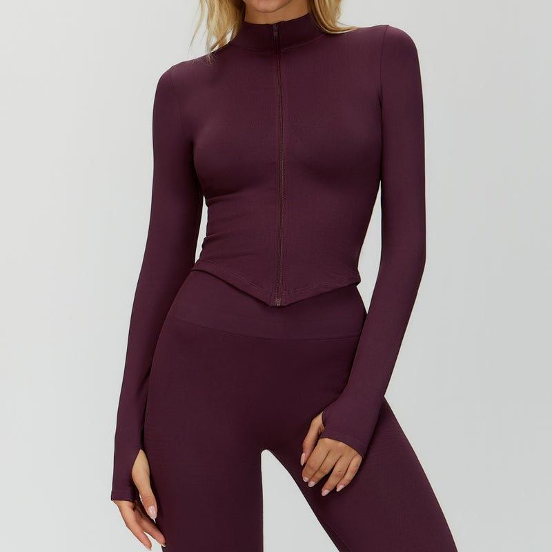 European and American Style Stand Collar Zipper Long Sleeve Yoga Jacket for Women - Tight-Fitting Quick-Drying Outdoor Fitness Top