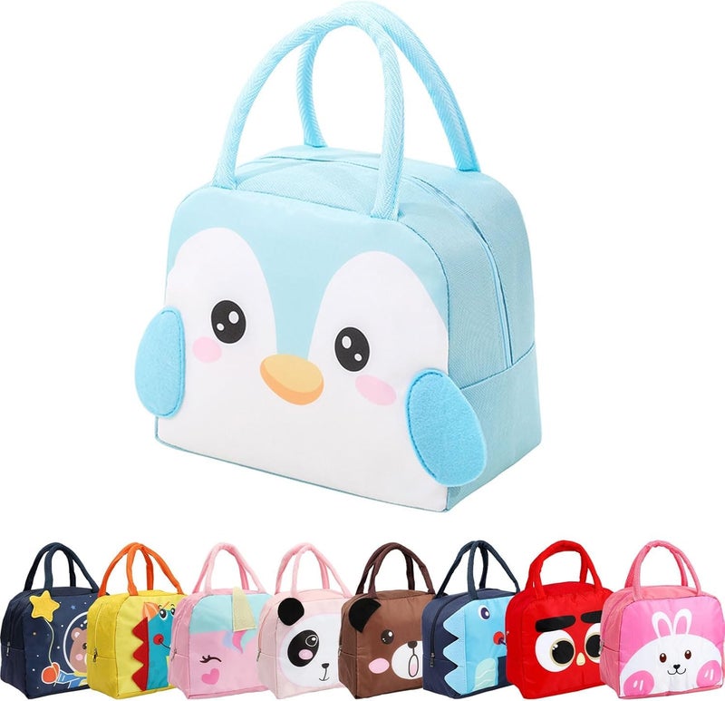 Flywind Kids Lunch Bag for Girls Boys Students | Small Foldable Waterproof Lunch Box for Travel Picnic School | Reusable Cartoon Insulated Lunchbag (Light Blue Penguin) - Image 1