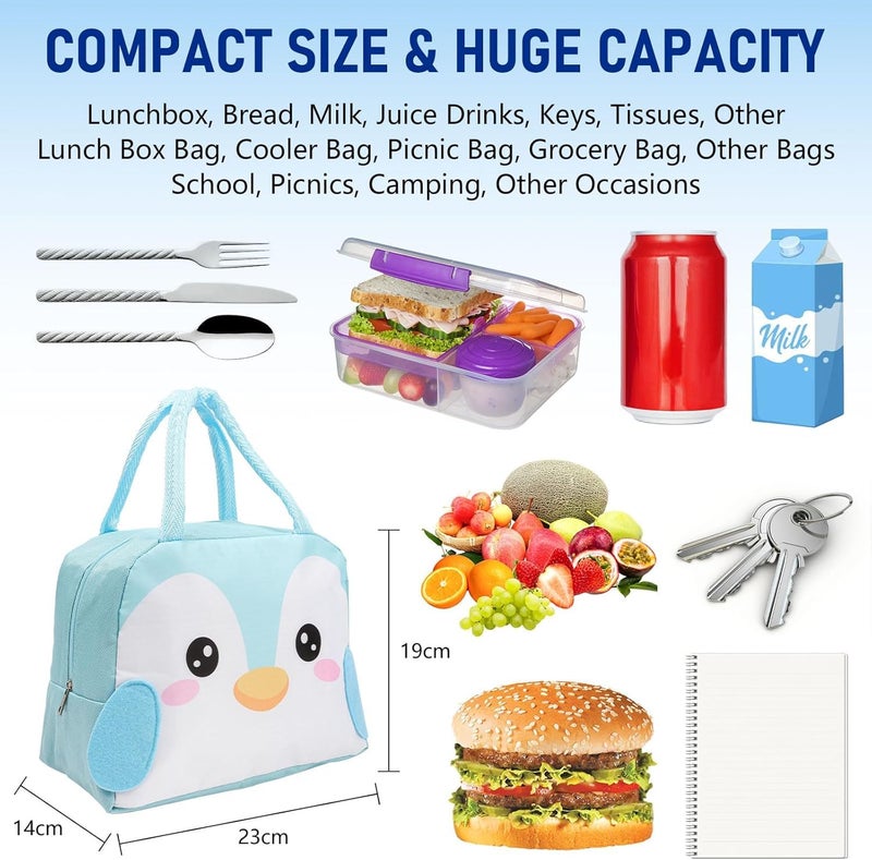 Flywind Kids Lunch Bag for Girls Boys Students | Small Foldable Waterproof Lunch Box for Travel Picnic School | Reusable Cartoon Insulated Lunchbag (Light Blue Penguin) - Image 2