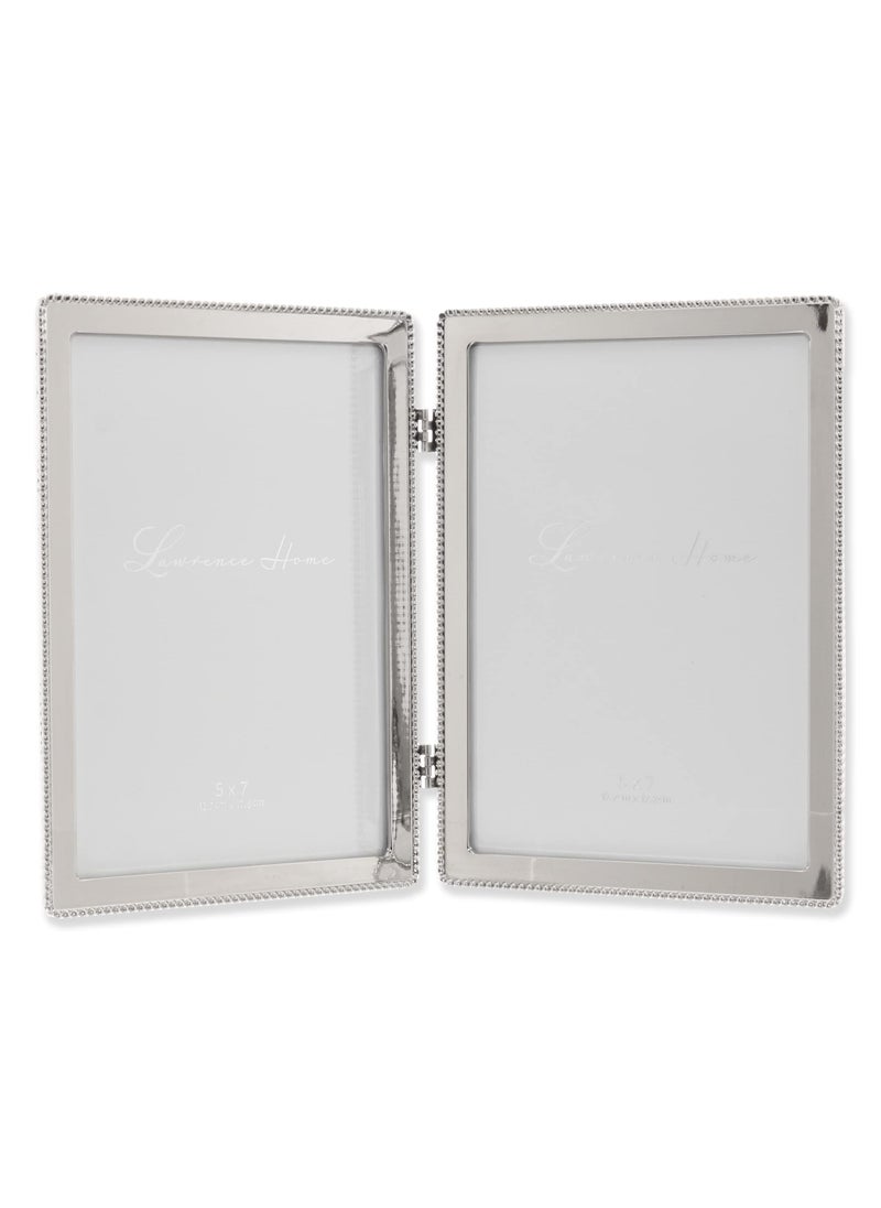 Lawrence Frames 5x7 Hinged Double Cast Metal Picture Frames  Silver Classic Bead Design  - Image 1