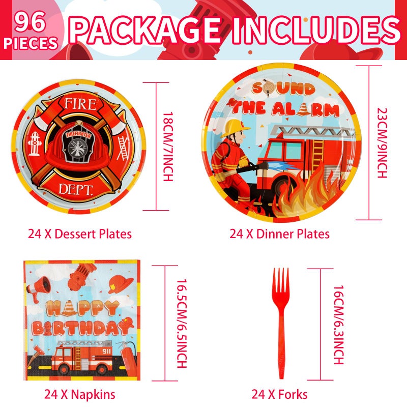 Grencian 96Pcs Firefighter Birthday Party Decorations Fire Truck Party Plates Disposable Firetruck Birthday Paper Tableware Set for Kids Fireman Party Fire Truck Birthday Party Supplies  Serves 24 - Image 2