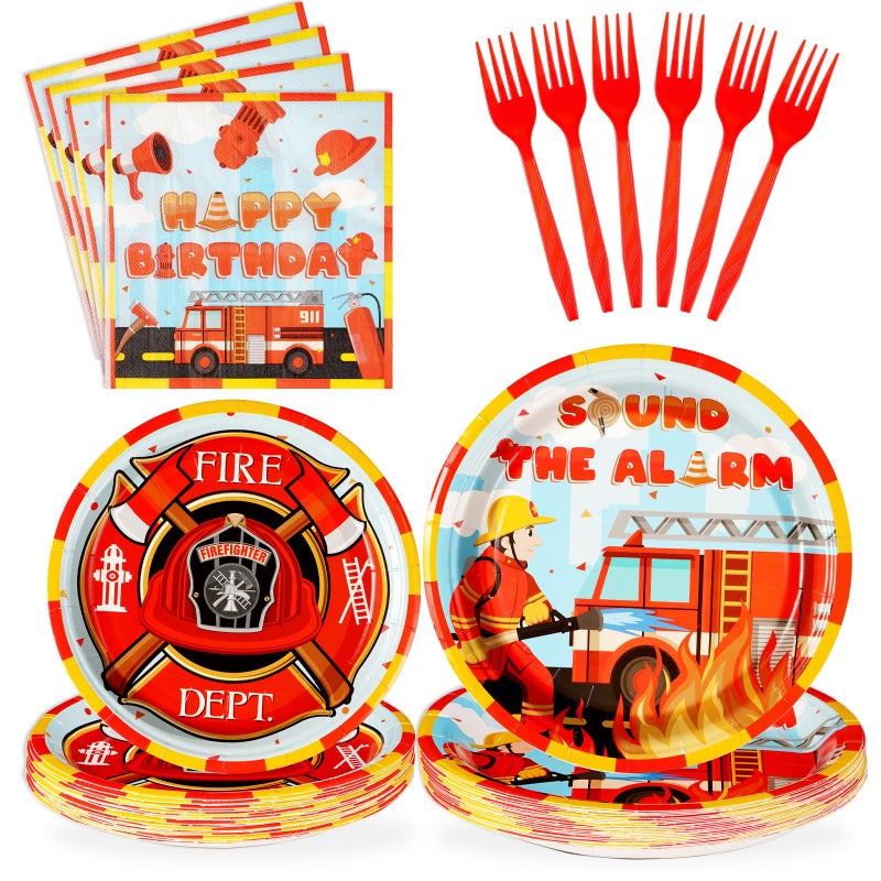 Grencian 96Pcs Firefighter Birthday Party Decorations Fire Truck Party Plates Disposable Firetruck Birthday Paper Tableware Set for Kids Fireman Party Fire Truck Birthday Party Supplies  Serves 24 - Image 1