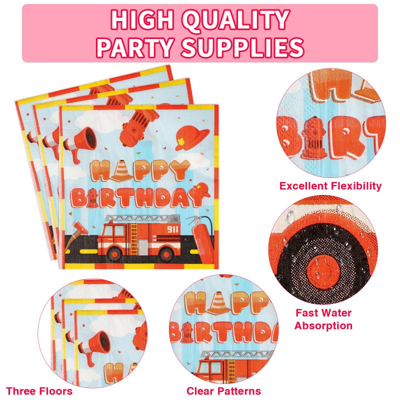 Grencian 96Pcs Firefighter Birthday Party Decorations Fire Truck Party Plates Disposable Firetruck Birthday Paper Tableware Set for Kids Fireman Party Fire Truck Birthday Party Supplies  Serves 24 - Image 3