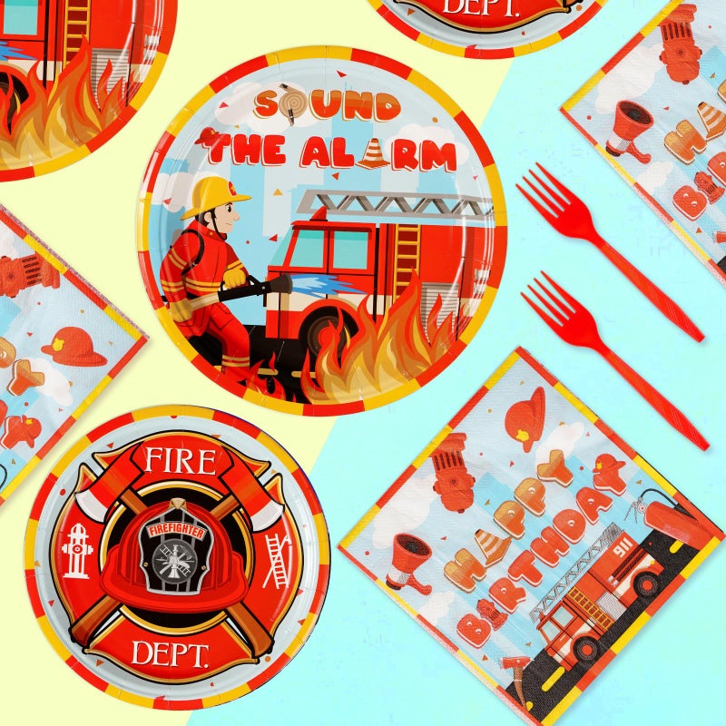 Grencian 96Pcs Firefighter Birthday Party Decorations Fire Truck Party Plates Disposable Firetruck Birthday Paper Tableware Set for Kids Fireman Party Fire Truck Birthday Party Supplies  Serves 24 - Image 4