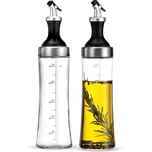 FineDine Superior Glass Oil and Vinegar Dispenser Modern Olive Oil Dispenser Wide Opening for Easy Refill and Cleaning Clear Glass Oil Bottle Pouring Spouts 18 Oz Cruet Set Set of 2