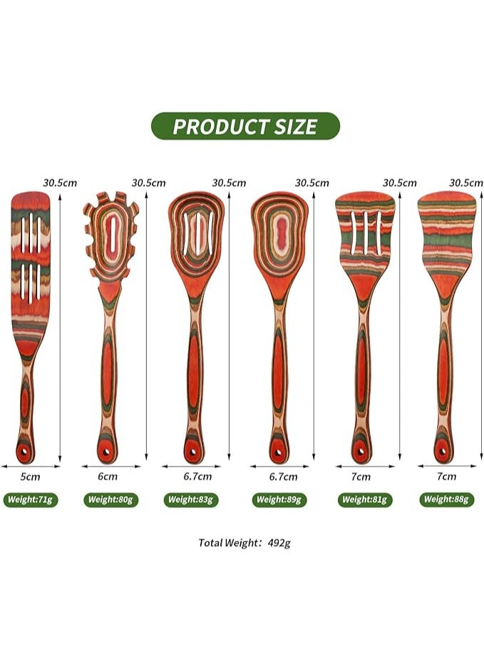 مجموعة ملاعق خشبية ملونة أنيقة للطبخ، ٦ قطع من أدوات المطبخ الخشبية | مقاومة للحرارة ولمسة باردة | آمنة للمقالي غير اللاصقة | مع عبوة هدايا — هدية مثالية للمطبخ ولعيد الميلاد - Image 2