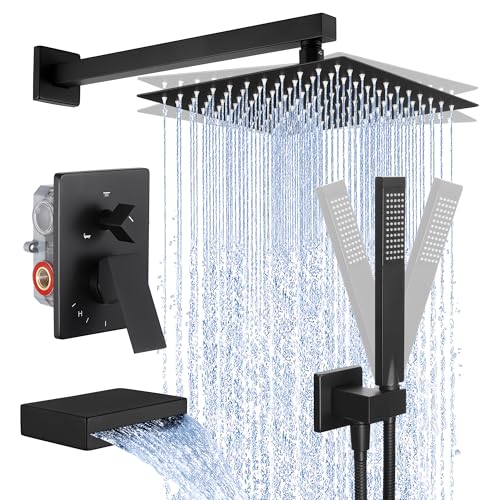 KES Shower System with Tub Spout, Matte Black Shower Faucet Set Complete 10 Inch Rain Shower Head with Handheld Spray and Waterfall Bathtub, cUPC Pressure Balance Shower Valve Trim Kit, XB6305F18-BK - Image 1