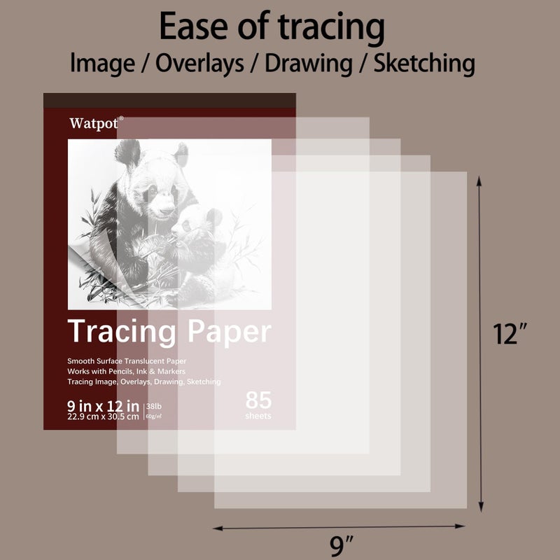 Watpot Tracing Paper 9x12 inch, 85 Sheets Translucent Tracing Paper Pad, 38lb/60gsm Vellum Art Paper Works with Pencil, Marker and Ink - Image 4