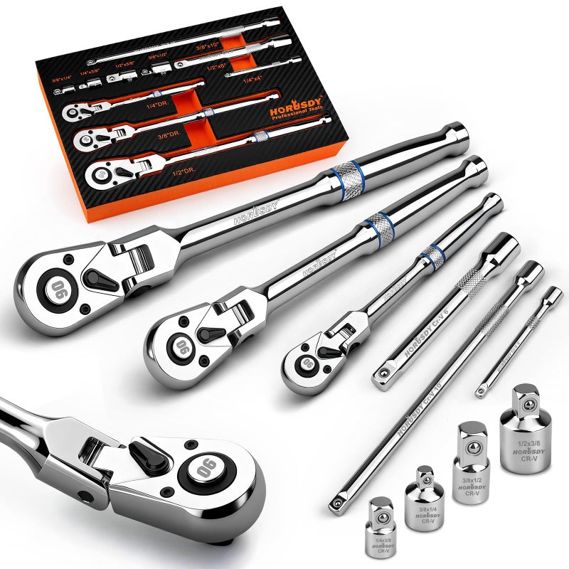HORUSDY 10-Piece Flex-Head Ratchet Set, 1/4", 3/8" & 1/2" Drive Socket Wrenches, 90-Tooth Quick-Release Reversible Low-Profile, Extension Bars (4", 10", 6") & 4 Adapters for Automotive, Bike, and Home Repair - Image 1