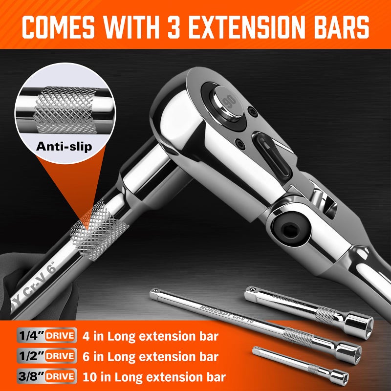 HORUSDY 10-Piece Flex-Head Ratchet Set, 1/4", 3/8" & 1/2" Drive Socket Wrenches, 90-Tooth Quick-Release Reversible Low-Profile, Extension Bars (4", 10", 6") & 4 Adapters for Automotive, Bike, and Home Repair - Image 5