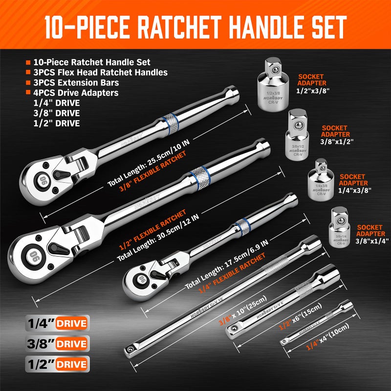 HORUSDY 10-Piece Flex-Head Ratchet Set, 1/4", 3/8" & 1/2" Drive Socket Wrenches, 90-Tooth Quick-Release Reversible Low-Profile, Extension Bars (4", 10", 6") & 4 Adapters for Automotive, Bike, and Home Repair - Image 4
