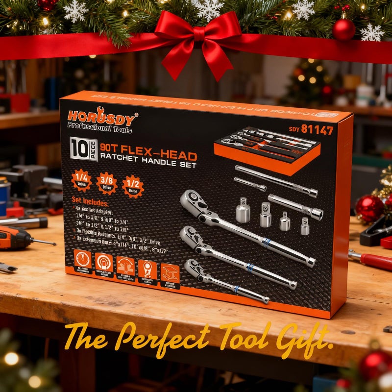 HORUSDY 10-Piece Flex-Head Ratchet Set, 1/4", 3/8" & 1/2" Drive Socket Wrenches, 90-Tooth Quick-Release Reversible Low-Profile, Extension Bars (4", 10", 6") & 4 Adapters for Automotive, Bike, and Home Repair - Image 2