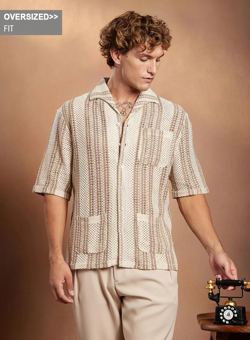 Campus Sutra Campus Sutra Men's White & Brown Striped Open-Knit Oversized Shirt For Casual Wear | Spread Collar | Short Regular Sleeve | Button Closure | Oversized Shirt Crafted With Comfort Fit For Everyday Wear