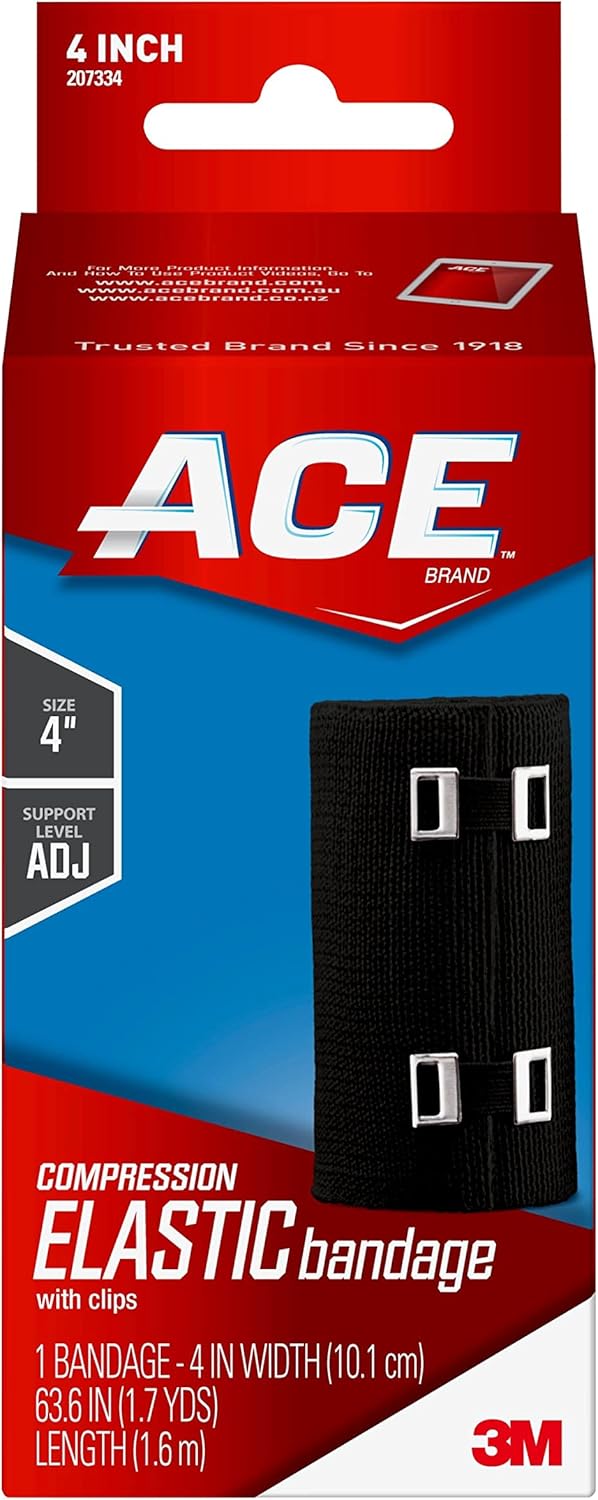 ACE 4 Inch Elastic Bandage with with Clips, Black, Great for Leg, Shoulder and More, 1 Count