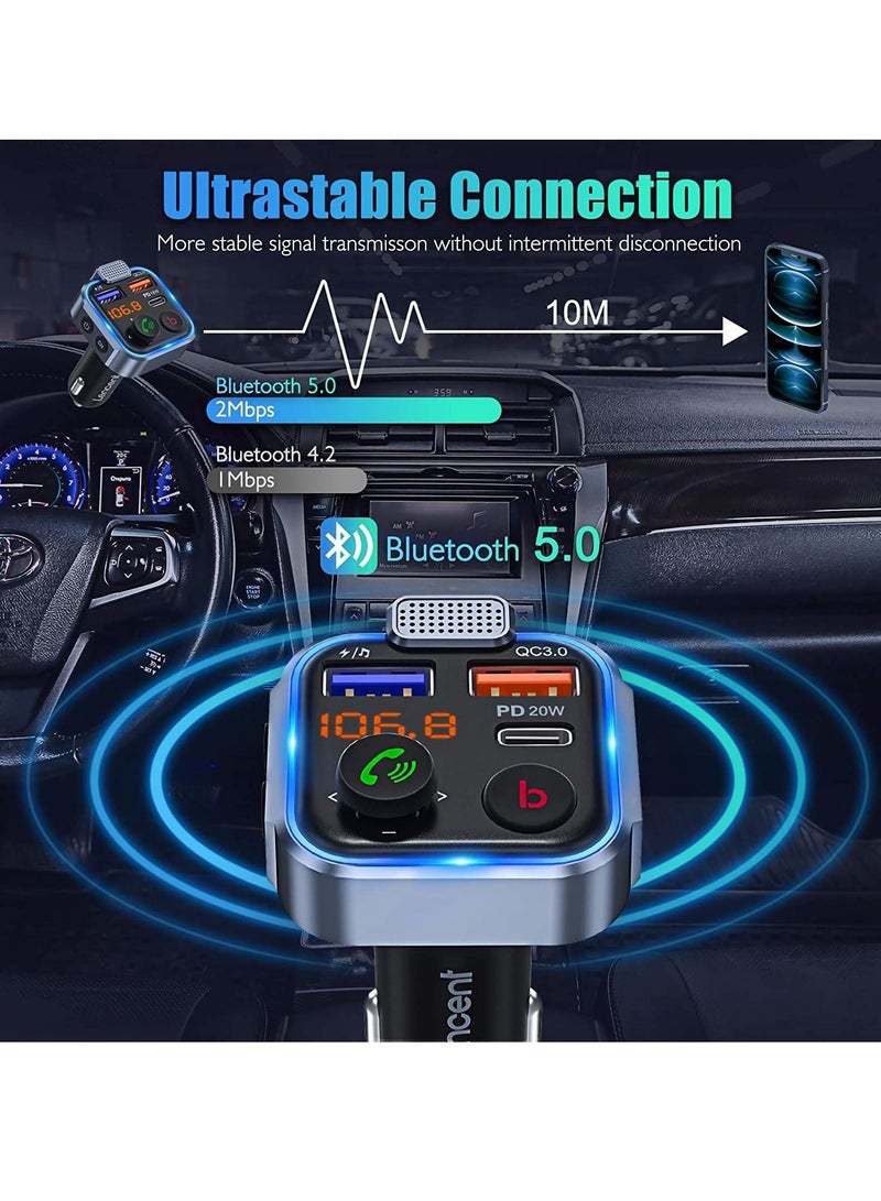 Car FM Transmitter, Wireless Bluetooth 5.0 Radio Adapter Car Kit, PD3.0 Type C 20W+QC3.0 Car Fast Charger, Hands Free Calling, Bass Lossless Hi-Fi Sound Support U Disk - Image 4