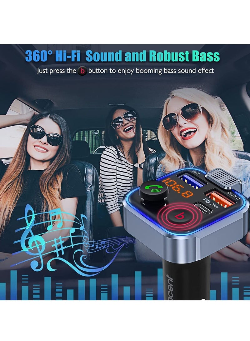 Car FM Transmitter, Wireless Bluetooth 5.0 Radio Adapter Car Kit, PD3.0 Type C 20W+QC3.0 Car Fast Charger, Hands Free Calling, Bass Lossless Hi-Fi Sound Support U Disk - Image 3