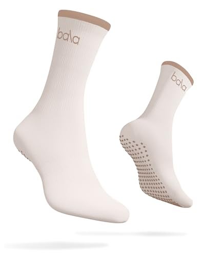 Bala High Sock with Grips, Medium - Classic Crew Slip-Free High Socks Designed for Yoga, Pilates, Barre & Home Workouts - Lightweight, Non-Slip Silicone Dotted Soles – Sand - Image 1