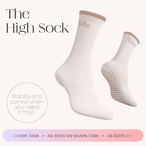 Bala High Sock with Grips, Medium - Classic Crew Slip-Free High Socks Designed for Yoga, Pilates, Barre & Home Workouts - Lightweight, Non-Slip Silicone Dotted Soles – Sand - Image 2