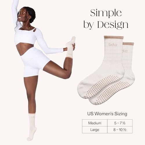 Bala High Sock with Grips, Medium - Classic Crew Slip-Free High Socks Designed for Yoga, Pilates, Barre & Home Workouts - Lightweight, Non-Slip Silicone Dotted Soles – Sand - Image 4