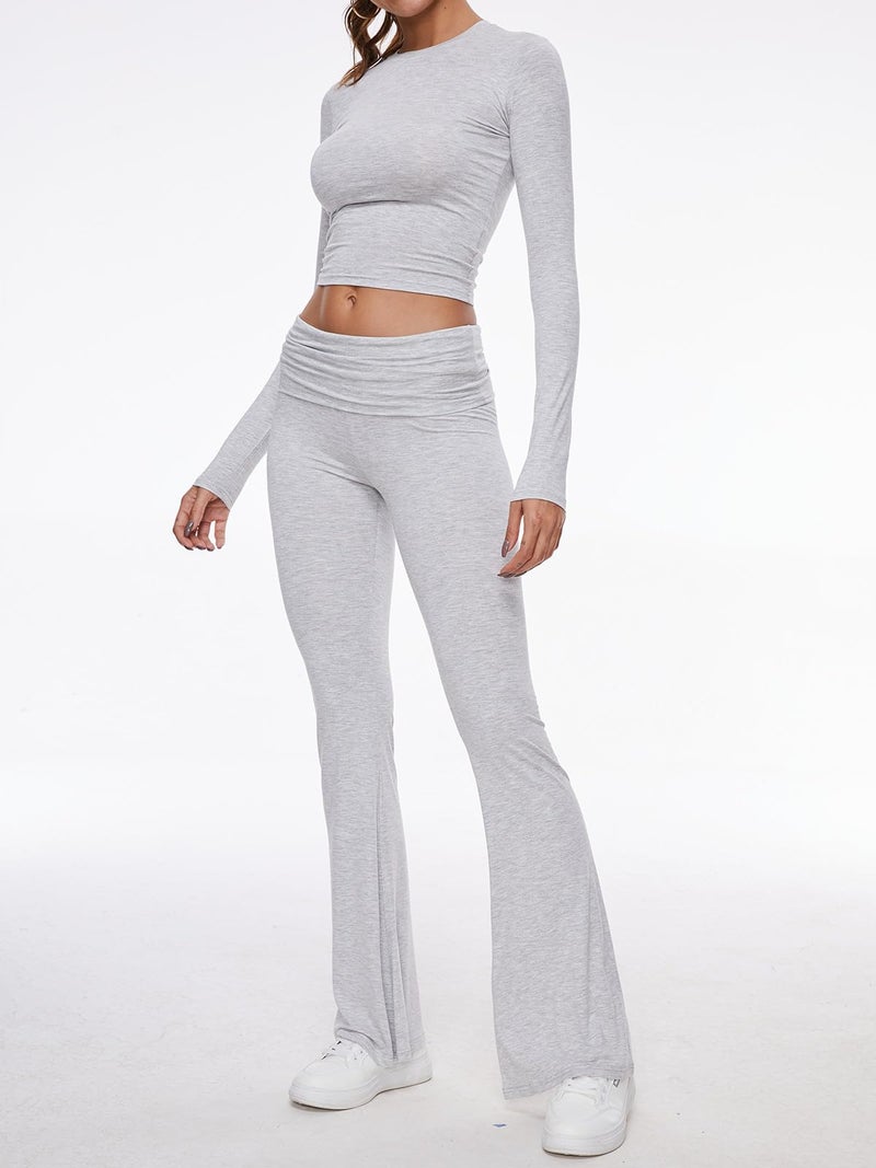 AnotherChill Women's 2 Piece Lounge Sets Fold-over Flare Pants Set Long Sleeve Cropped Top Casual Outfits Pajamas (Light-Gray, Medium) - Image 2