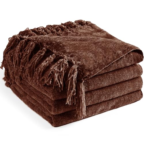 LONG CREATE Chenille Throw Blanket for Couch 60X 80 Twin Soft Cozy Throws with Fringe Tassel for Bed Sofa Chair Cover Lightweight Knitted Decorative Boho Blankets for Living Room Dark Brown - Image 1