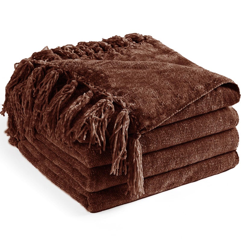LONG CREATE Chenille Throw Blanket for Couch 60X 80 Twin Soft Cozy Throws with Fringe Tassel for Bed Sofa Chair Cover Lightweight Knitted Decorative Boho Blankets for Living Room Dark Brown - Image 2
