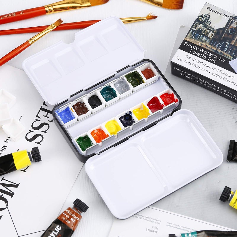 MYARTOOL لوحة ألوان مائية فارغة MYARTOOL، علبة ألوان مائية معدنية فارغة مع 24 قطعة من الأحواض نصف الفارغة لعمل لوحة ألوان مائية للسفر، الرسم بالأكريليك والزيت - Image 4