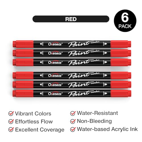 Overseas Red Acrylic Paint Markers, 6 Pack Dual Tip Paint Pens Acrylic Markers - Dot and Brush Tip Coloring Marker for Wood, Rock, Canvas, Glass, Metal, Plastic, Rubber, Fabric, School Supplies - Image 2