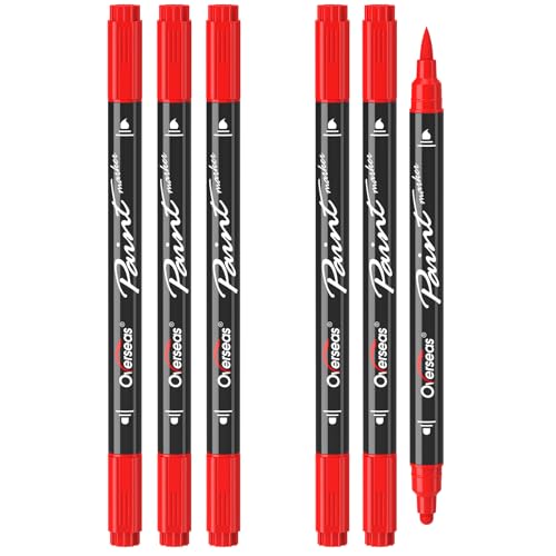 Overseas Red Acrylic Paint Markers, 6 Pack Dual Tip Paint Pens Acrylic Markers - Dot and Brush Tip Coloring Marker for Wood, Rock, Canvas, Glass, Metal, Plastic, Rubber, Fabric, School Supplies - Image 1