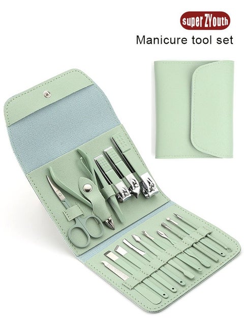 16 Piece Professional Pedicure and Nail Clipper Manicure Tool Set for Face Hand and Foot Care Green