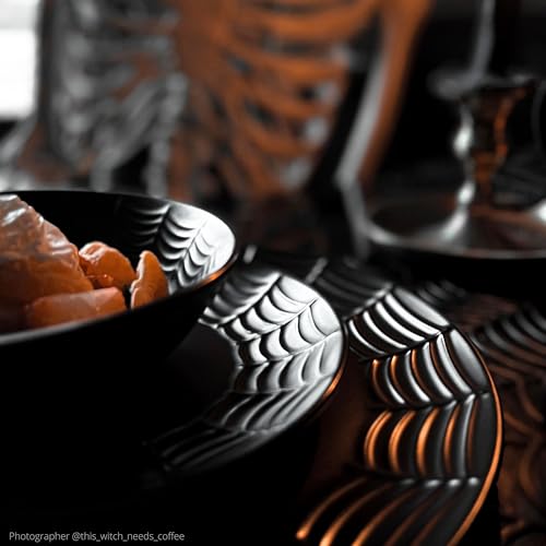 Nomnu Spiderweb Dinnerware Set (16 Pieces) - Goth Dinnerware Set - Black Matte Porcelain - 4 Dinner Plates 4 Salad Plates 4 Bowls 4 Mugs - Halloween Spooky Dishes Gothic Kitchen Decor Gifts - Image 3