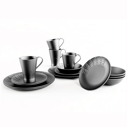 Nomnu Spiderweb Dinnerware Set (16 Pieces) - Goth Dinnerware Set - Black Matte Porcelain - 4 Dinner Plates 4 Salad Plates 4 Bowls 4 Mugs - Halloween Spooky Dishes Gothic Kitchen Decor Gifts - Image 1