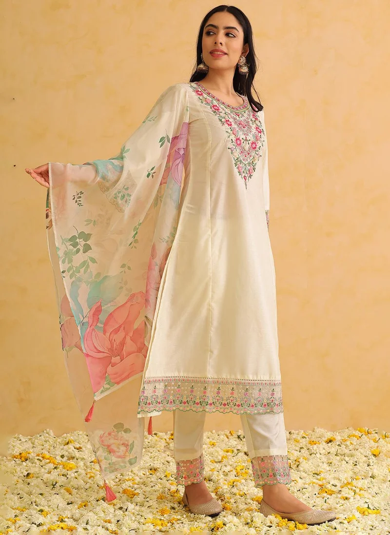 ZERESOUQ Off-White Silk Blend Embroidered Straight 3-Piece Kurta Set