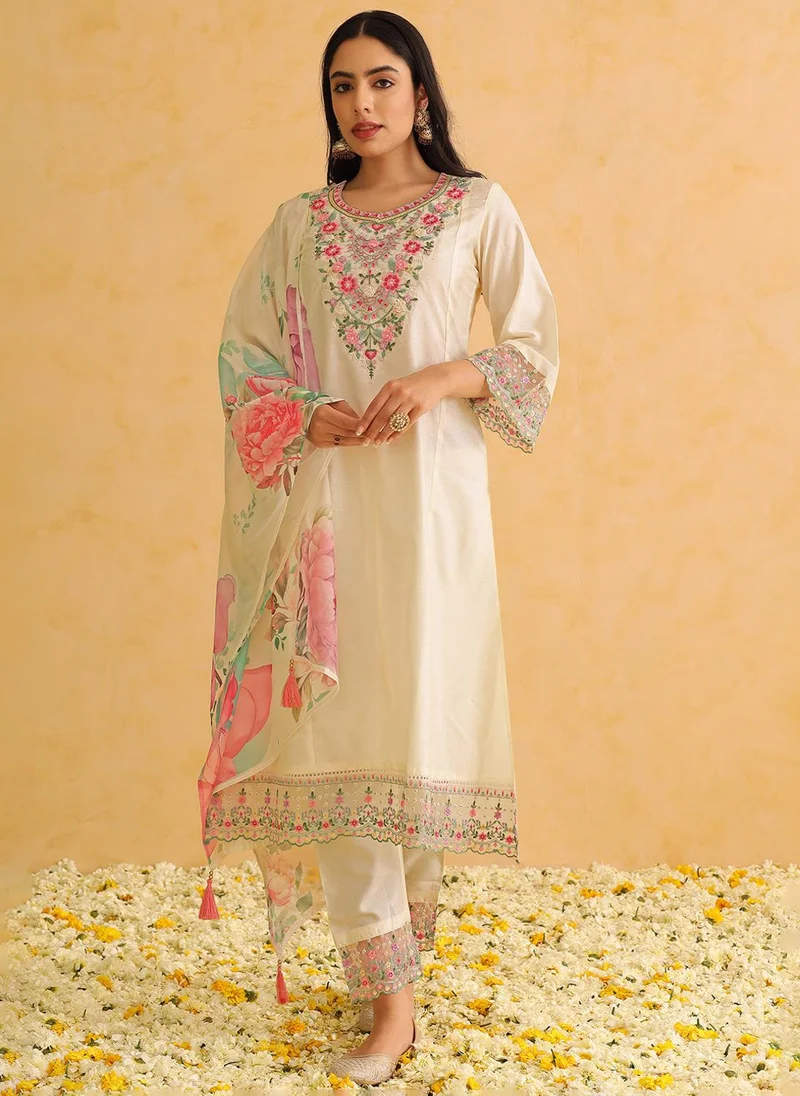 Off-White Silk Blend Embroidered Straight 3-Piece Kurta Set