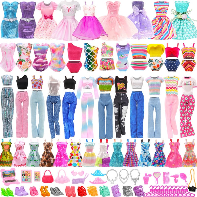 ENOCHT 51 PCS Doll Clothes and Accessories Including Fashion Dresses Tops and Pants Outfits Party Dresses Swimsuits Bikini 38 PCS Shoes Hangers and Other Accessories for 115 inch Dolls - Image 2