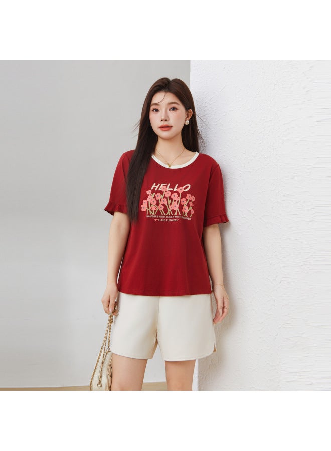 CaiDuobao Plus Size Women's Clothing MmSummer Styline Lotus Leaf Sleeve Printed T-Shirt EXZ3066 
