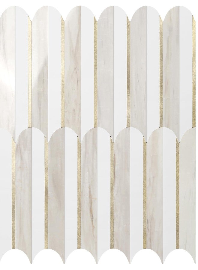 Vamos Tile Peel and Stick Backsplash Seamless Tile for Kitchen and Bathroom,White and Glossy Wooden Marble PVC Mixed Light Gold Self Adhesive Fish Scale Metal Mosaic Tiles (10 Sheets) - Image 1
